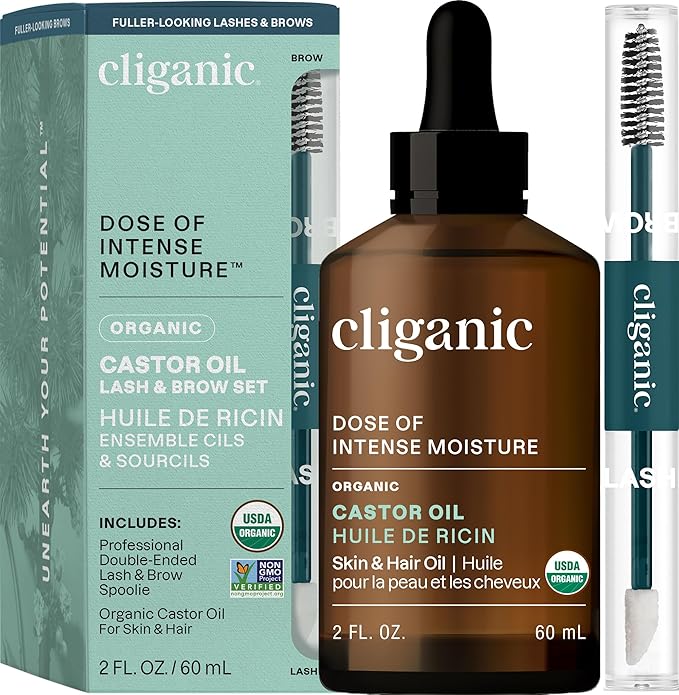 Cliganic Organic Castor Oil, 100% Pure (2oz Glass Bottle with Eyelash Kit) - For Eyelashes, Eyebrows, Hair & Skin (Packaging May Vary)-Velvo Beauty
