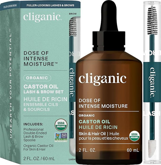 Cliganic Organic Castor Oil, 100% Pure (2oz Glass Bottle with Eyelash Kit) - For Eyelashes, Eyebrows, Hair & Skin (Packaging May Vary)-Velvo Beauty