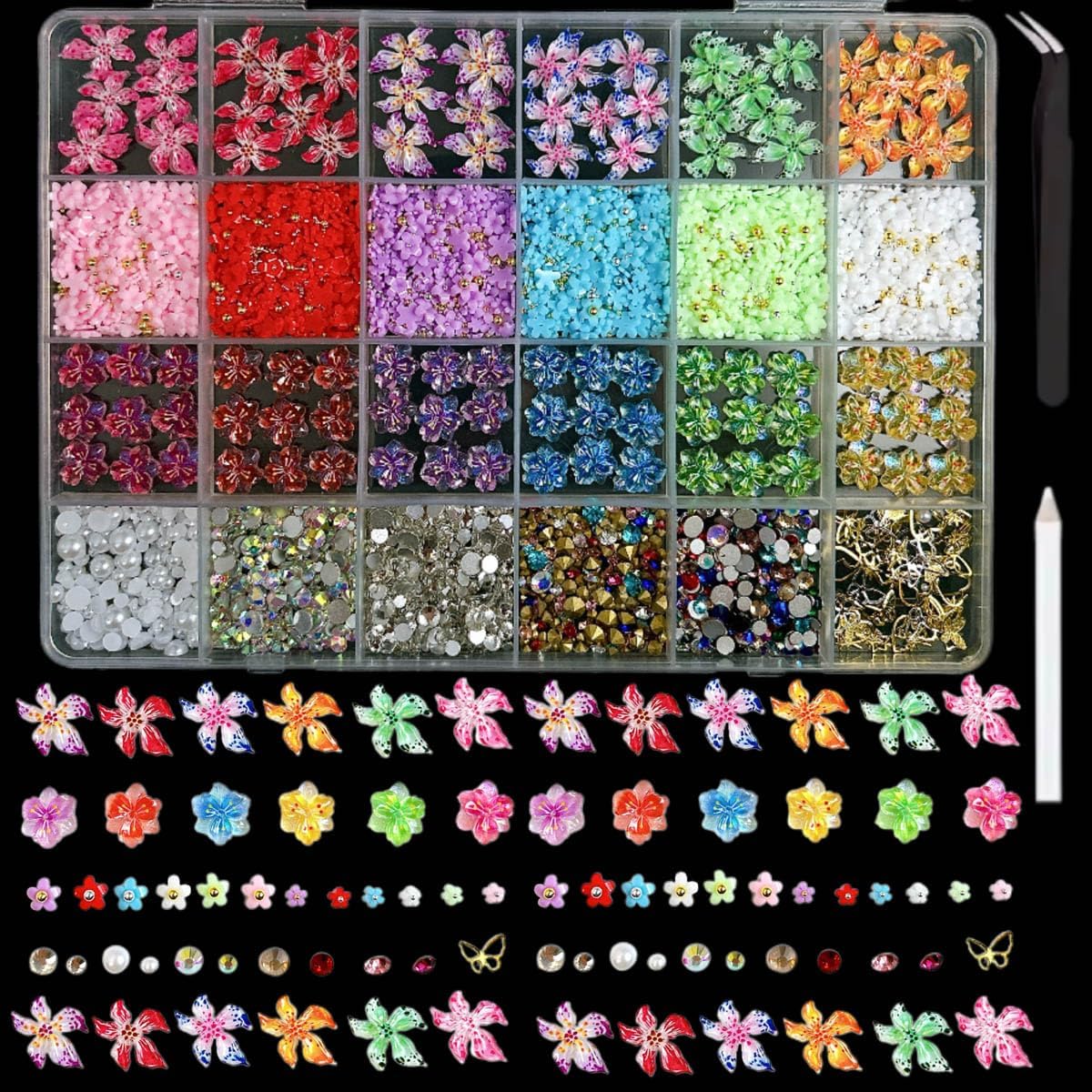 Flower 3D Nail Charms and Gems, Cute Hawaii Flowers Nail Art Charms, Gold Butterfly Nail Rhinestone and Charms,White Flatback Pearls Nail Charms Y2K Kit-Velvo Beauty