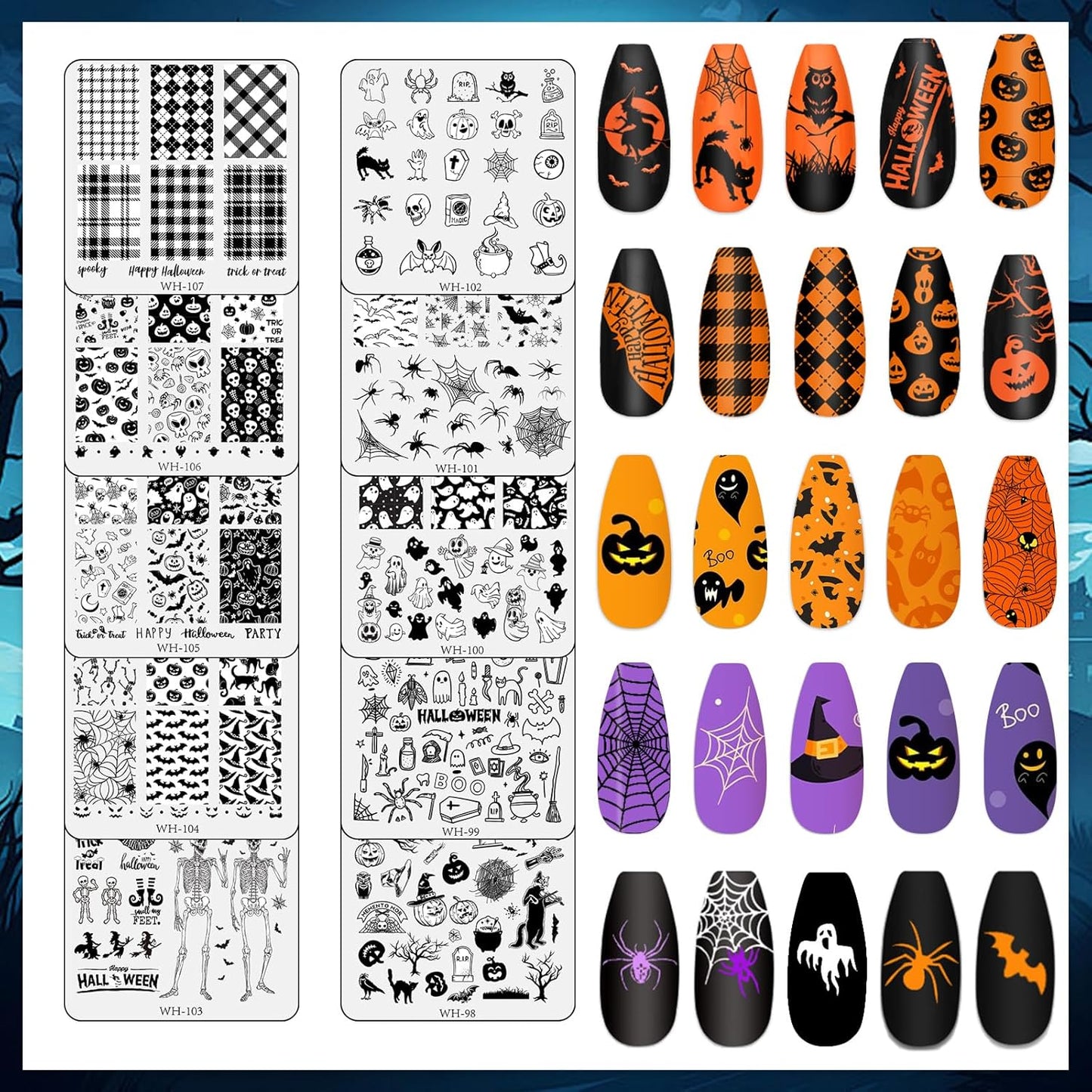 Whaline 10Pcs Halloween Nail Art Stamping Plate Kit Spooky Pumpkin Ghost Skull Plaid Design Nail Art Plate for Holiday DIY Print Manicure Salon-Velvo Beauty