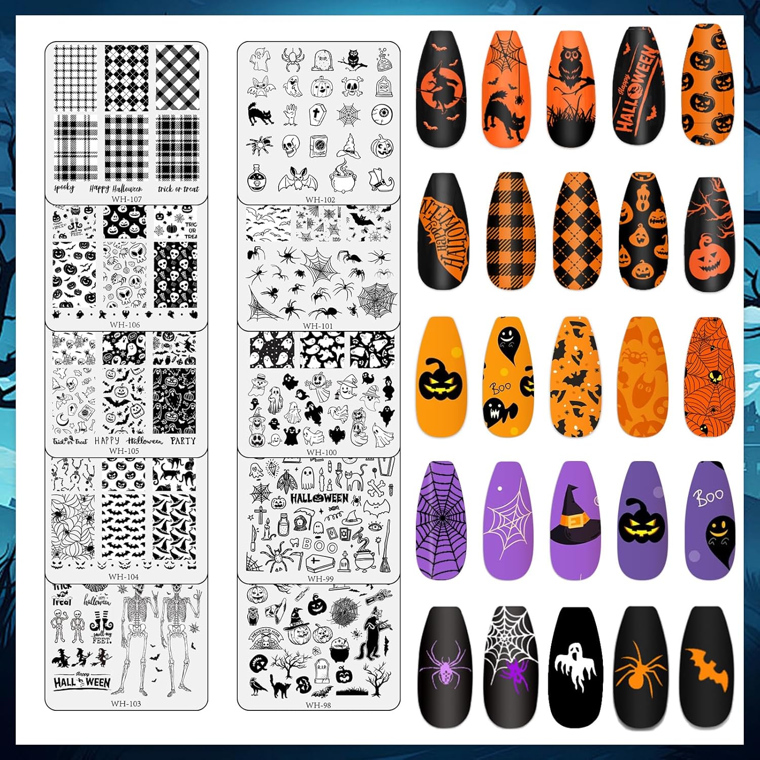 Whaline 10Pcs Halloween Nail Art Stamping Plate Kit Spooky Pumpkin Ghost Skull Plaid Design Nail Art Plate for Holiday DIY Print Manicure Salon-Velvo Beauty