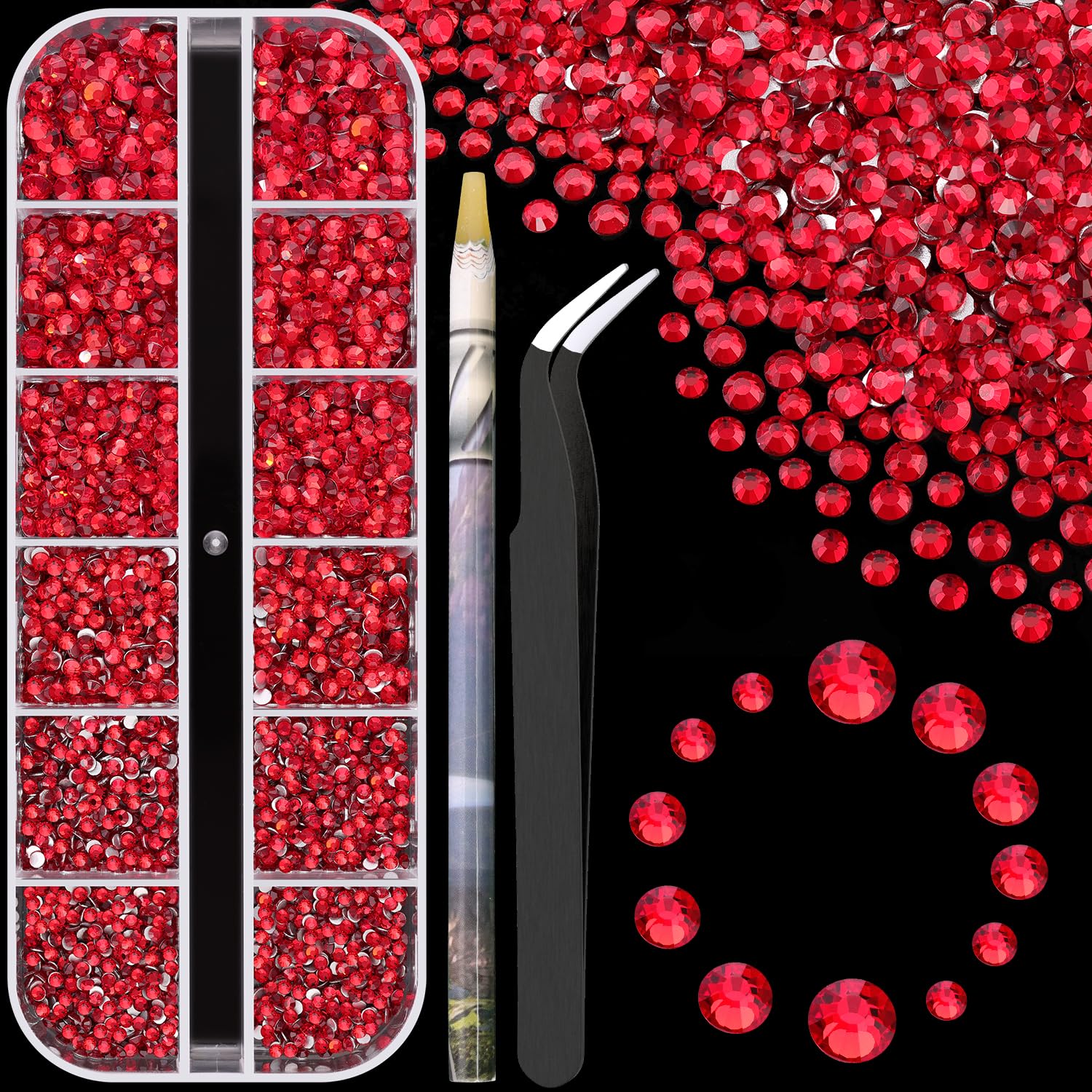 3600pcs Glass Red Nail Rhinestones 6 Sizes(1.8/2/2.4/2.8/3/4mm) Flatback Crystal Nail Charms Jewels Decoration for Nail Art and Crafting, Tweezer and Pickup Pen included-Velvo Beauty