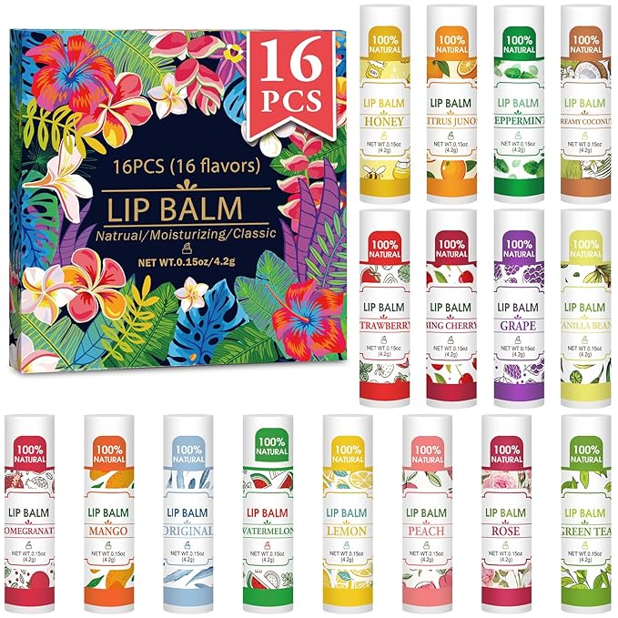 16 Pack Lip Balm, 100% Natural Lip Balm Bulk with Vitamin E and Coconut Oil, Moisturizing Lip Balm for Dry Lips - 16 Flavors-Velvo Beauty