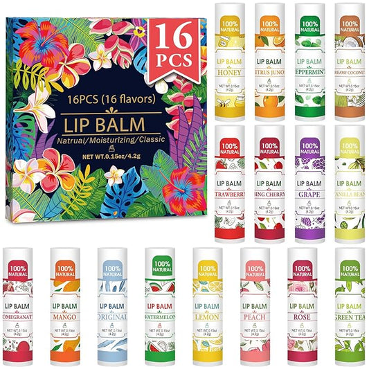 16 Pack Lip Balm, 100% Natural Lip Balm Bulk with Vitamin E and Coconut Oil, Moisturizing Lip Balm for Dry Lips - 16 Flavors-Velvo Beauty