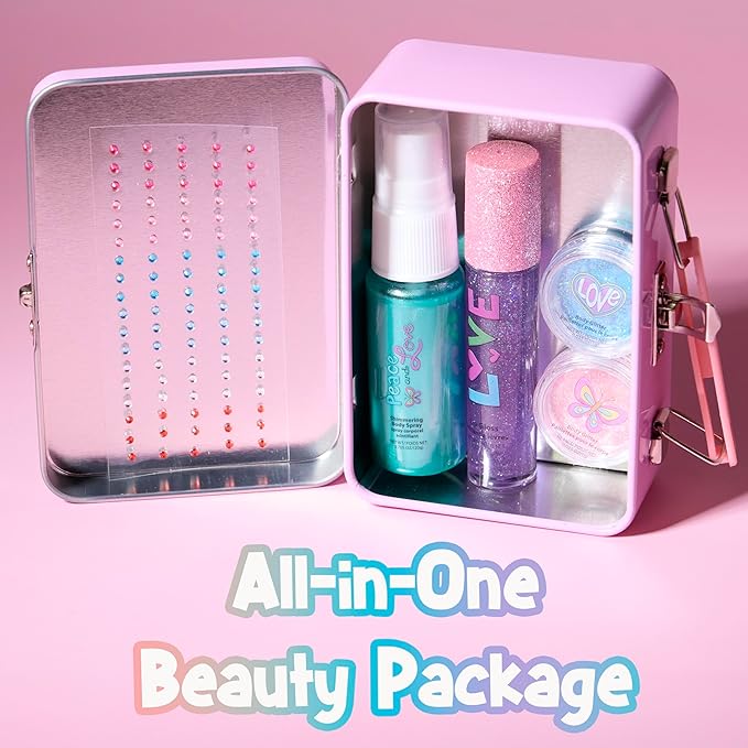 Expressions 6pc Peace & Rhinestones Beauty Set w/Tin Box Storage Case - Body Spray, Body Glitter, Mini Body Gems, and Lip Gloss Set,Washable + Non Toxic-Velvo Beauty