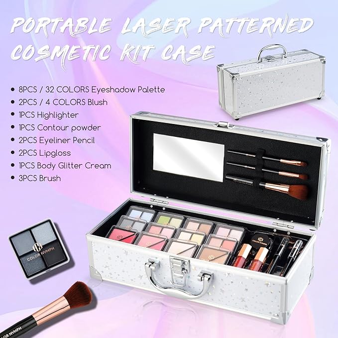 Color Nymph Beginners Makeup Kit With Train Case For Teenagers Girls, Full Starter Cosmetics Set Included 32 Colors Eyeshadow, Glitter Cream, Blush, Highlighter, Lip Gloss and Brush (White)-Velvo Beauty
