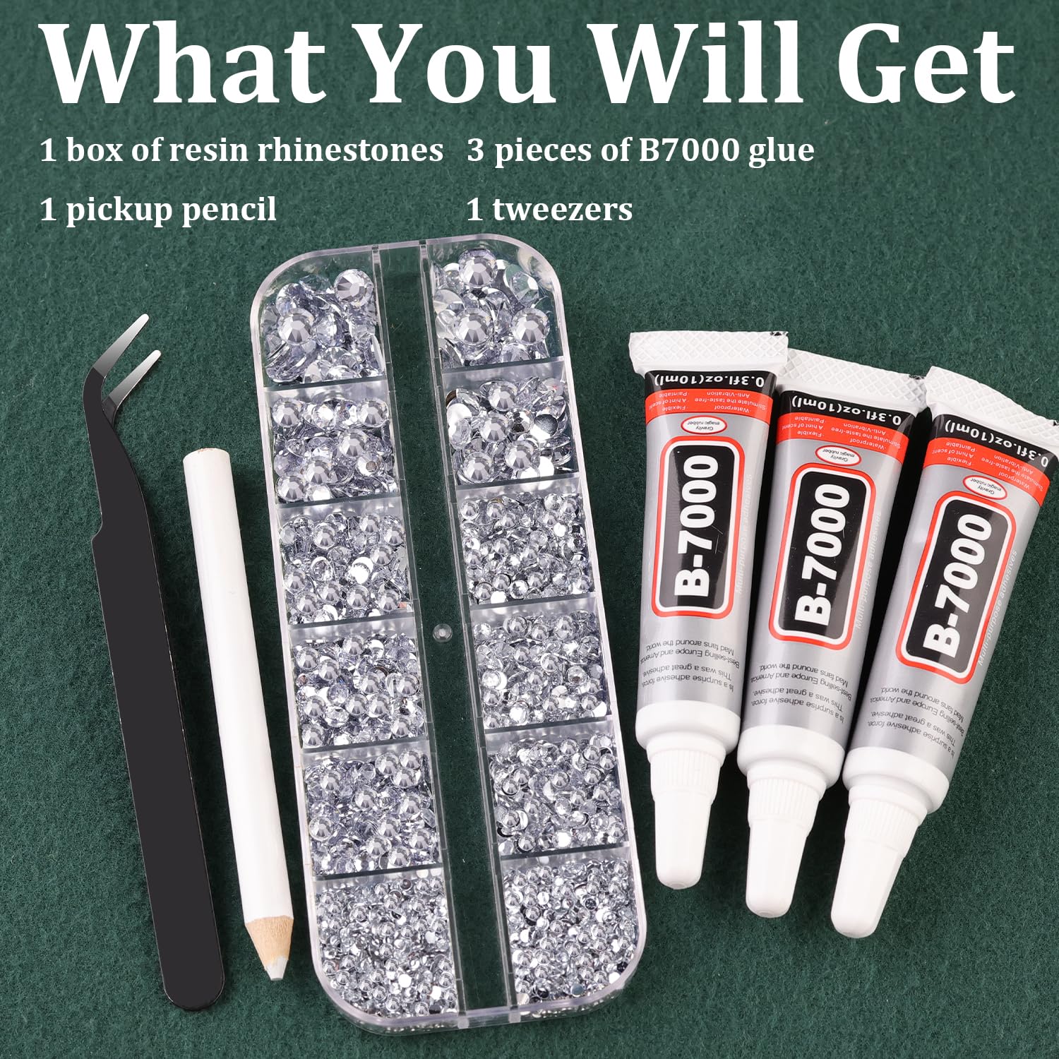 Resin Rhinestones for Crafting with B7000 Jewelry Glue, 1 Box Clear Flatback Crystals with 3Pcs 10ml Glue for Bedazzling Crafts DIY Nail Art Makeup，Non Hotfix Gems for Clothing Shoes-Velvo Beauty