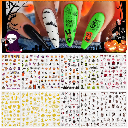 Halloween Nail Art Stickers Decals, Kalolary Self-Adhesive DIY Nail Sticker Decals 3D Design Nail Decorations for Halloween Party Include Pumpkin/Bat/Ghost/Witch(12 Sheets)-Velvo Beauty