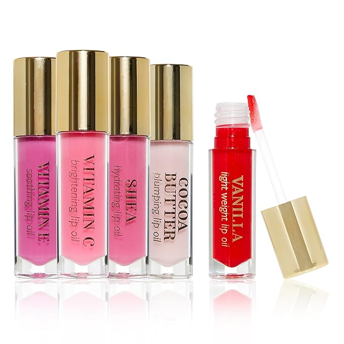 Enchante Beauty Intuition 5-Piece Plumping Lip Oil Set - 5ML Each | Lightweight, Hydrating and Soothing with Elegant Embossing-Velvo Beauty