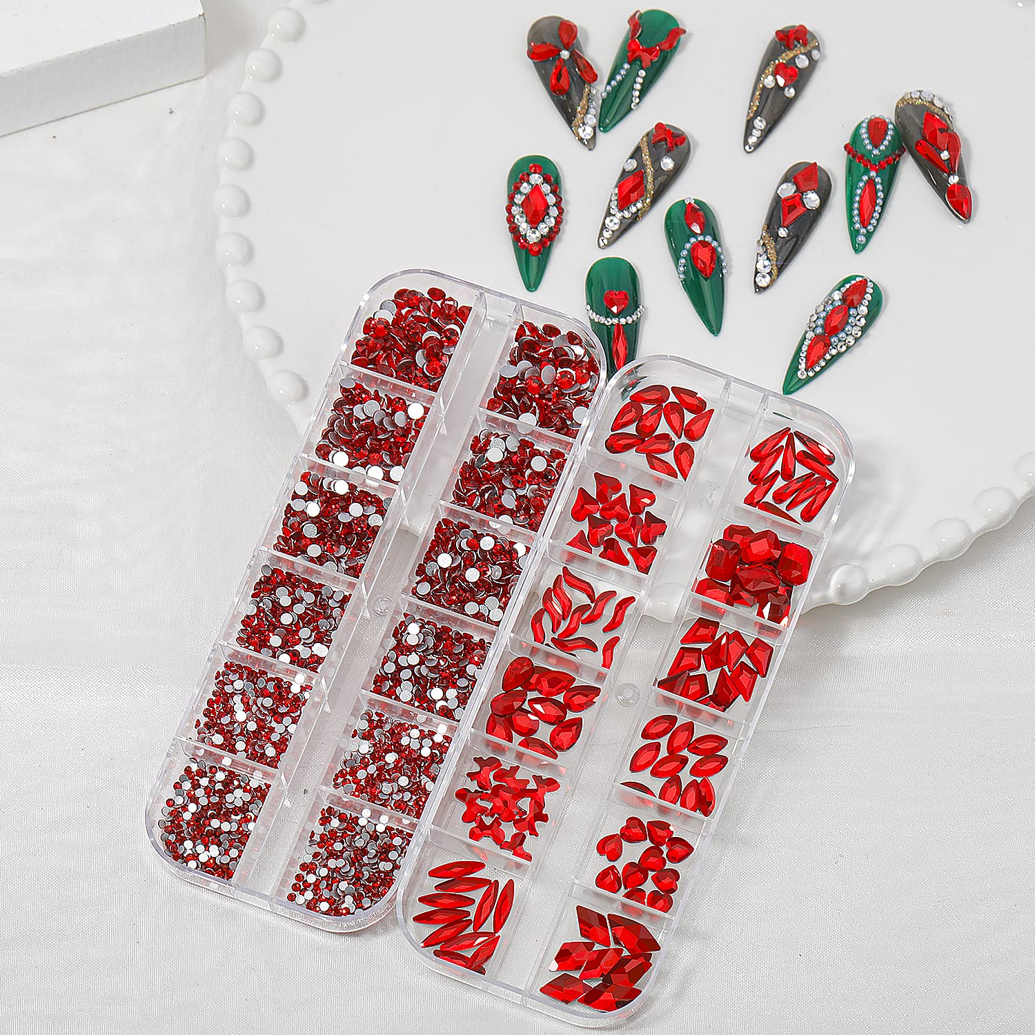 HNUIX Nail Rhinestones - 3D Multi Shape Size, Red Nail Gems, Flat Back, with Kit, for Nail Art, DIY Decorations-Velvo Beauty