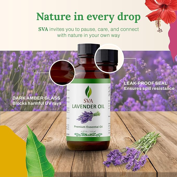 SVA Lavender Essential Oil – 4 Fl Oz – 100% Natural Lavender Oil - for Diffuser, Hair Care, Face, Skin Care, Aromatherapy, Scalp and Body Massage, Soap and Candle Making – with Dropper-Velvo Beauty