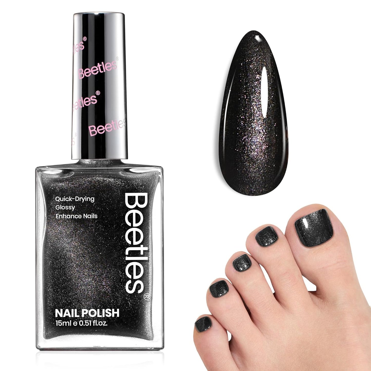 Beetles Black Glitter Nail Polish-1Pcs 15ml Fast Drying Nail Polish Shimmer Black Winter Nail Polish Nail Lacquer Glossy Finish Nail Art Design for Women,Up to 8 Days of Wear, 0.51 FL OZ-Velvo Beauty