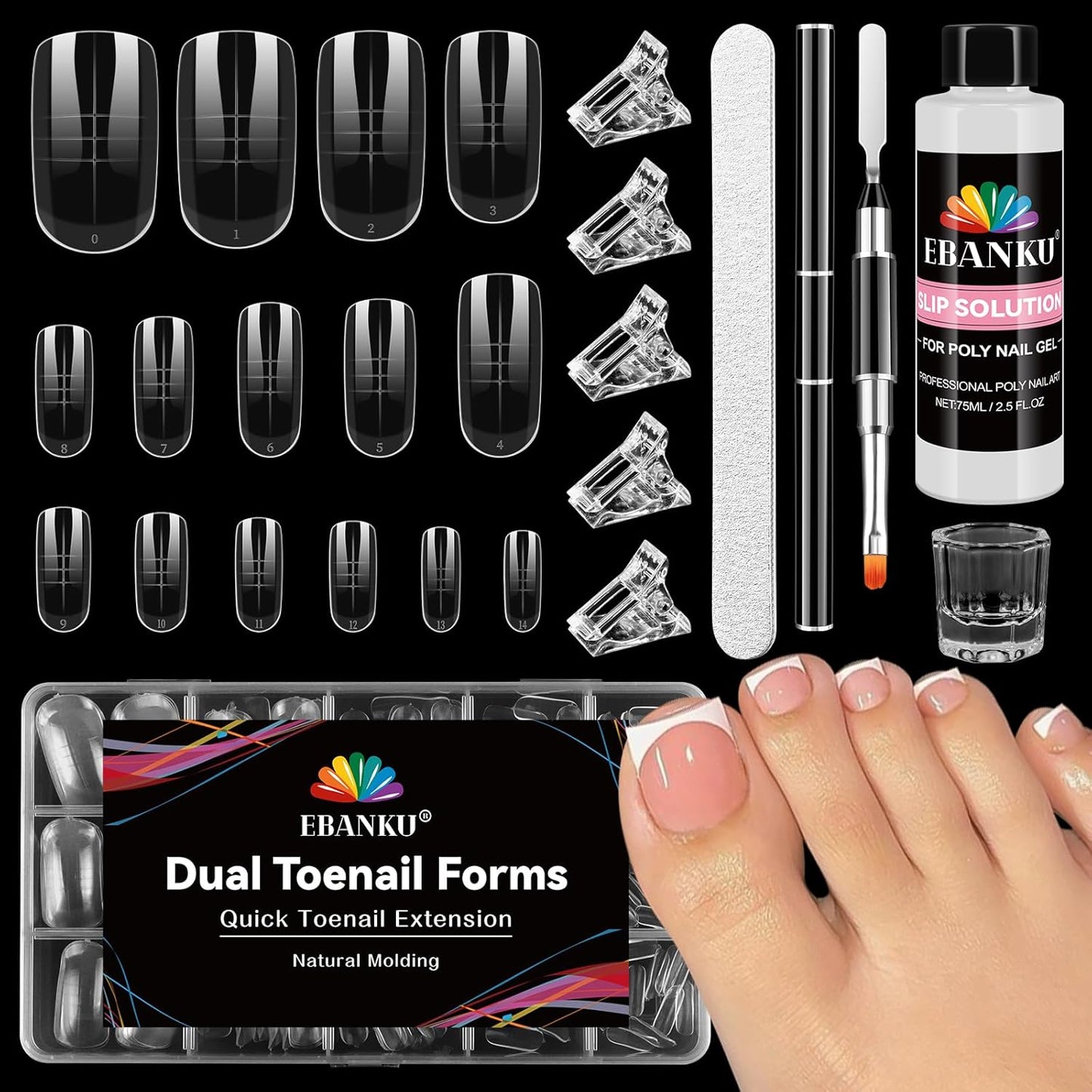 EBANKU Poly Gel Nail Forms Kit for Toes - 150PCS Reusable Dual Toenail Forms for Builder Gel, Toe Nail Kit with 2.5oz Slip Solution, Brush, File, 5PCS Clips - 15 Sizes-Velvo Beauty