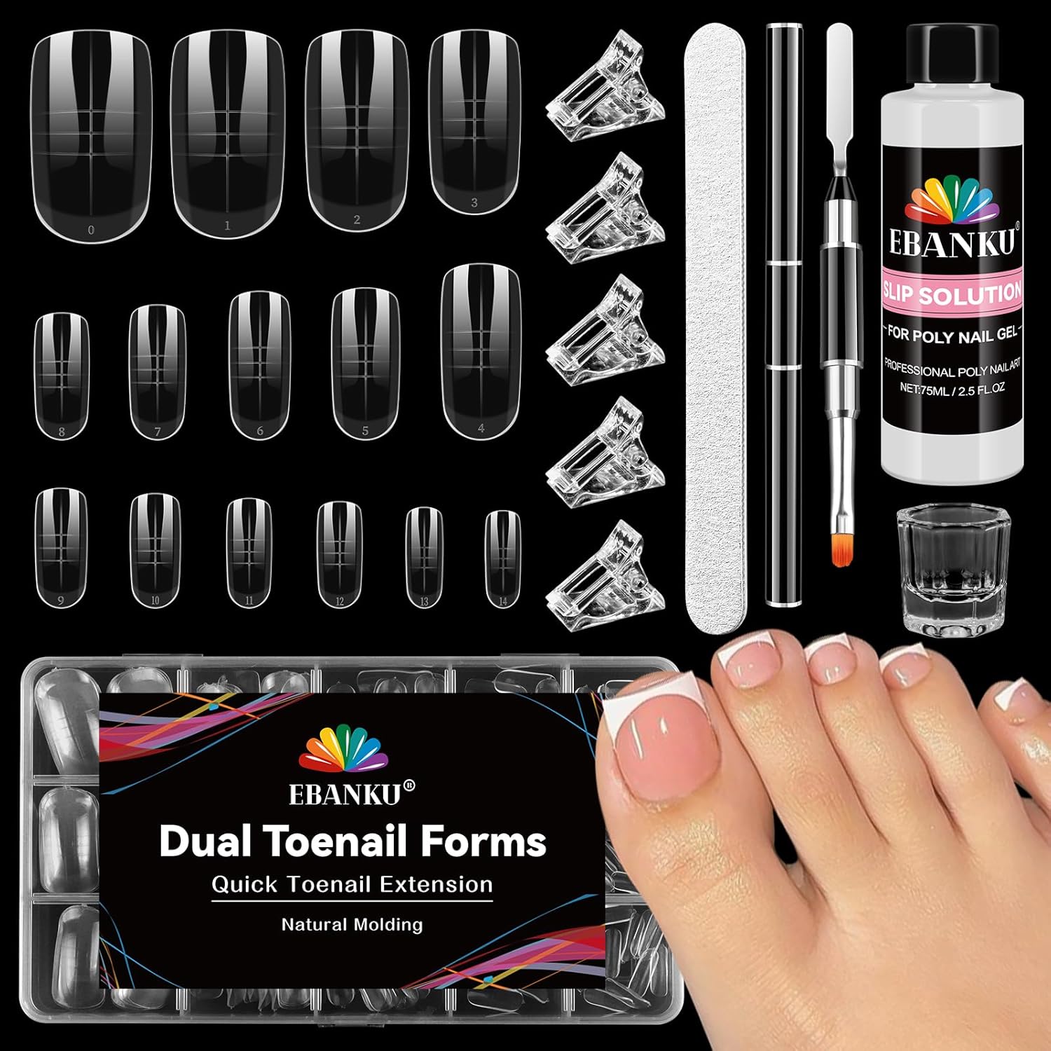 EBANKU Poly Gel Nail Forms Kit for Toes - 150PCS Reusable Dual Toenail Forms for Builder Gel, Toe Nail Kit with 2.5oz Slip Solution, Brush, File, 5PCS Clips - 15 Sizes-Velvo Beauty