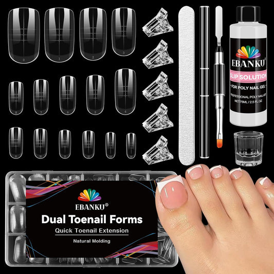 EBANKU Poly Gel Nail Forms Kit for Toes - 150PCS Reusable Dual Toenail Forms for Builder Gel, Toe Nail Kit with 2.5oz Slip Solution, Brush, File, 5PCS Clips - 15 Sizes-Velvo Beauty