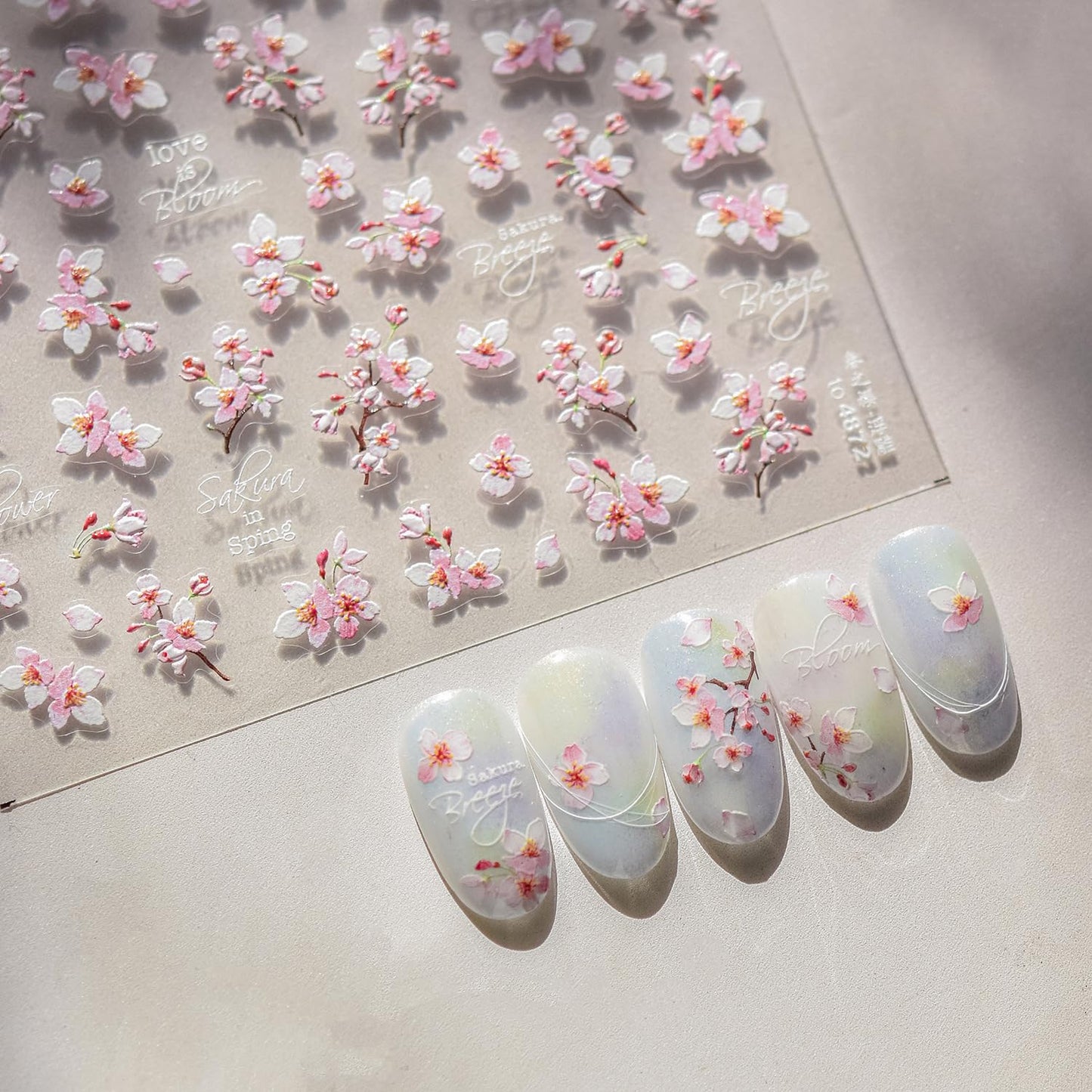 Cherry Blossoms Nail Art Stickers Pink White Flowers Nail Decals for Acrylic Nails 5D Embossed Self-Adhesive Flower Designs Nail Sticker Spring Summer Cute Floral Nail Decal for Women DIY Nail Decor-Velvo Beauty