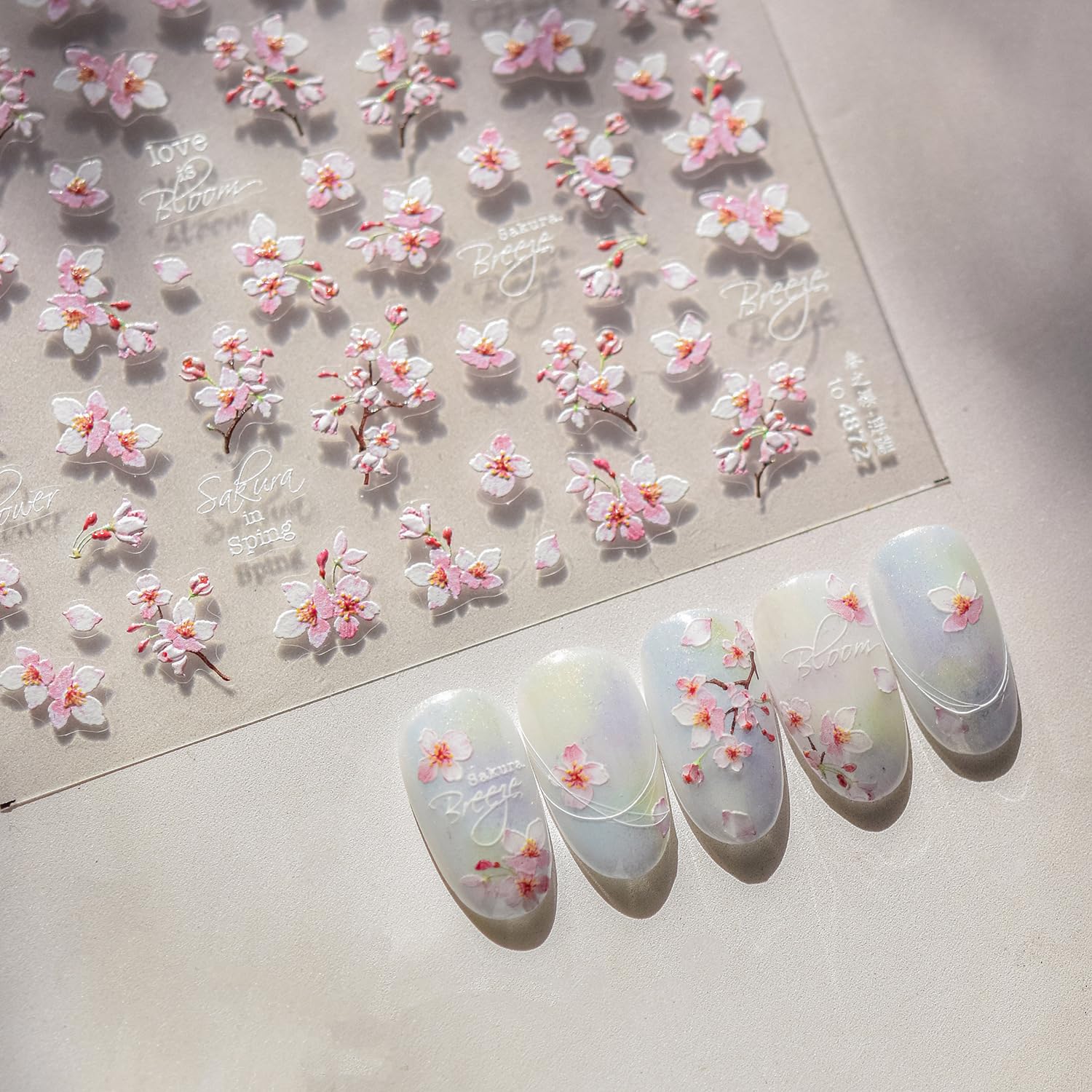 Cherry Blossoms Nail Art Stickers Pink White Flowers Nail Decals for Acrylic Nails 5D Embossed Self-Adhesive Flower Designs Nail Sticker Spring Summer Cute Floral Nail Decal for Women DIY Nail Decor-Velvo Beauty