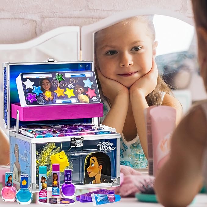 Disney Wish - Townley Girl Train Case Cosmetic Makeup Set Includes Lip Gloss, Eye Shimmer, Brush, Nail Polish, Accessories & more! for Girls, Ages 3+ perfect for Parties, Sleepovers & Makeovers-Velvo Beauty