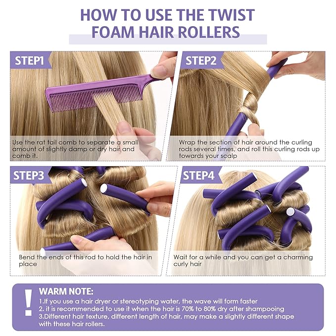 Syhood 30 Pieces Flexible Curling Rods Twist Hair Rollers Soft Foam Rods No Heat and 1 Pcs Steel Rat Tail Comb for Women Long and Short Hair(7 x 0.8 Inch,Purple)-Velvo Beauty