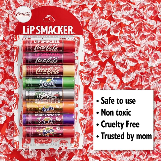Lip Smacker Coca-Cola Flavored Balm, 8 Count, Flavors Coke, Cherry Vanilla Sprite, Root Beer, Orange Fanta, Grape Strawberry Fanta-Velvo Beauty
