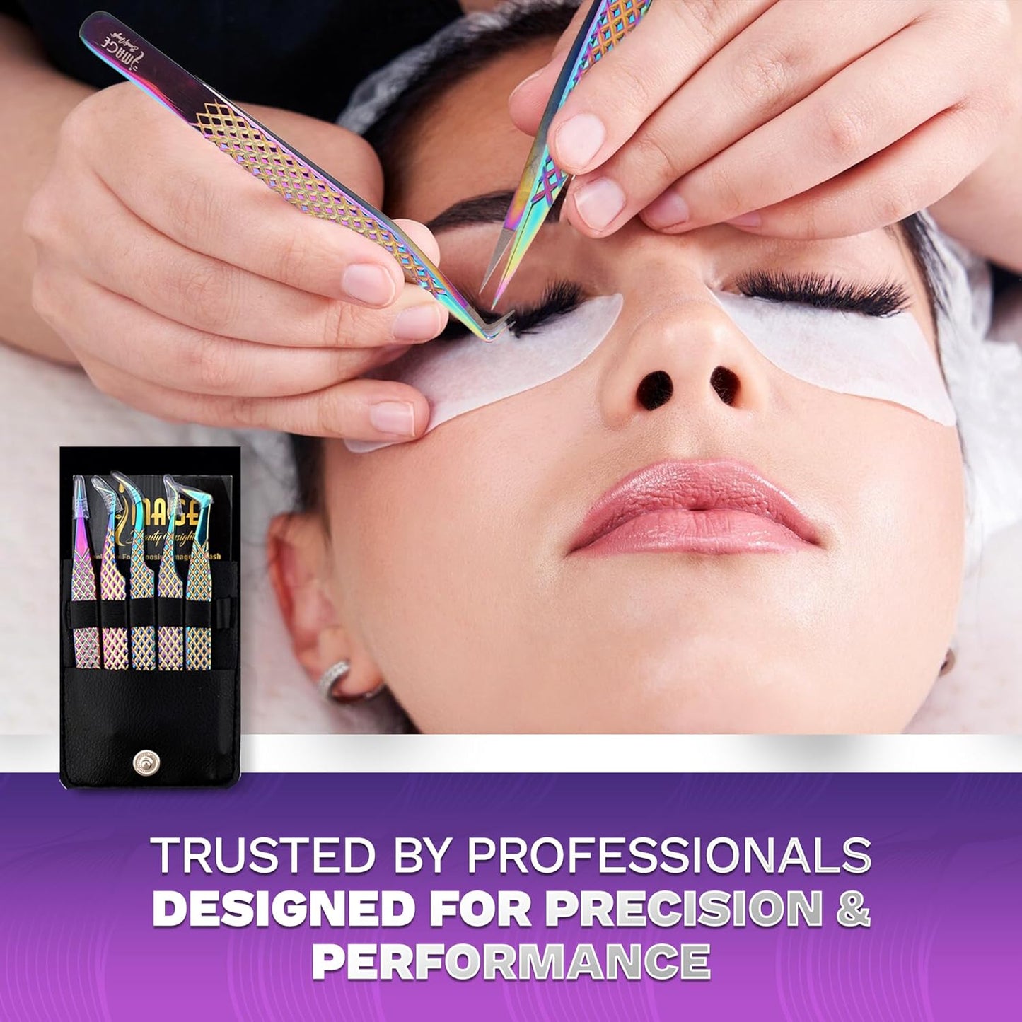 5 Pcs Fiber-Tip Japanese Steel Lash Tweezer Set with Leather Case, Professional Eyelash Tweezers for Lash Extensions – Titanium Coated, 90 & 45 Angled, Precision Pointed Tweezers (Rainbow Color)-Velvo Beauty