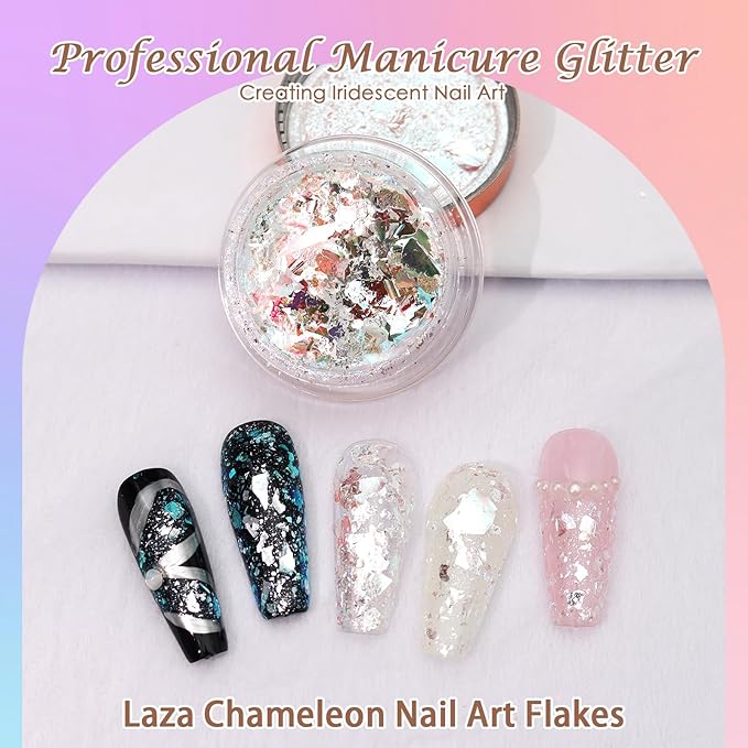Laza Ice Blue Pearl Chameleon Flakes Nail Glitter Irregular Opal Nail Foil Flakes Chunky Confetti Color-Shift Sequins Iridescent Fairy Dust for Mermaid Nails Design, Nail Decorations for Nail Art-Velvo Beauty