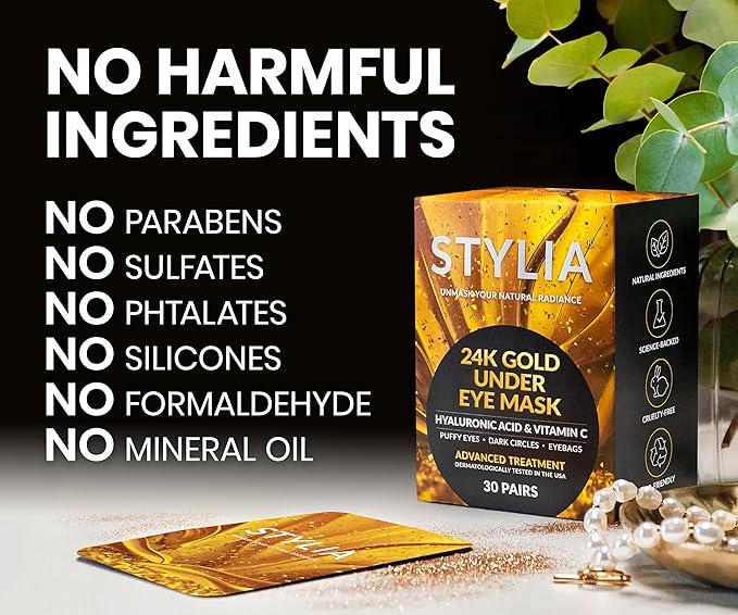 Stylia Under Eye Patches for Dark Circles and Puffy Eyes (30 Pairs) - 24k Gold Under Eye Mask with Vitamin C, Hyaluronic Acid, Pearl Extract - Eye Masks for Dark Circles and Puffiness-Velvo Beauty