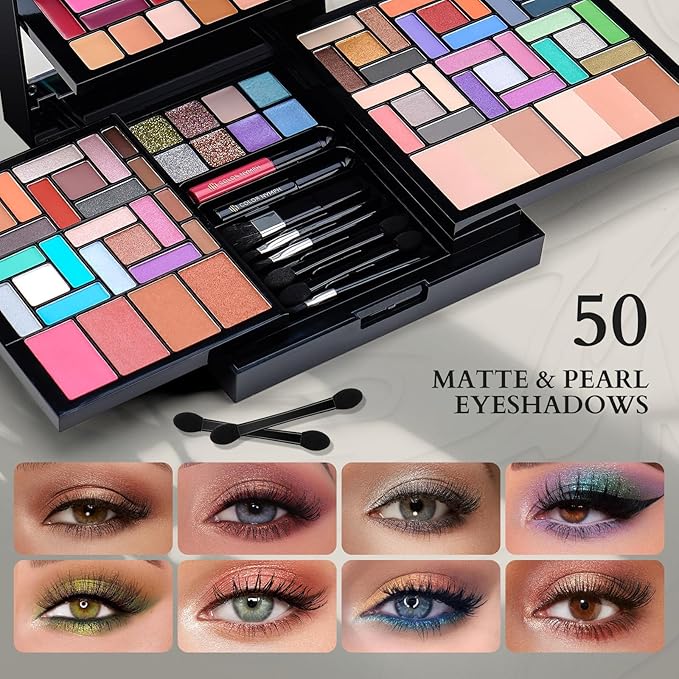 Color Nymph Makeup Kit For Women With Mirror, Full Makeup Gift Set 95 Colors Includes 50 Matte & Pearl Eyeshadow Palettes And Lipgloss Face Powder Bronzes Blushes Applicators-Velvo Beauty