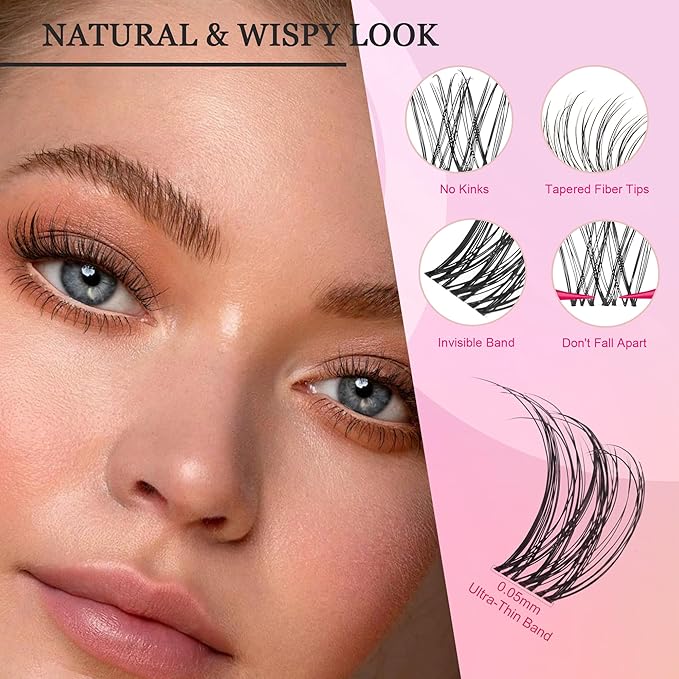 Nova Lash Clusters Kit - 360 pcs Lash Clusters Natural Look Invisible Band Eyelash Clusters Lash Extension Kit with Bond and Seal 0.07D D Curl WideSpan Cluster Eyelash Extension Kit 8-16mm DIY at Home-Velvo Beauty