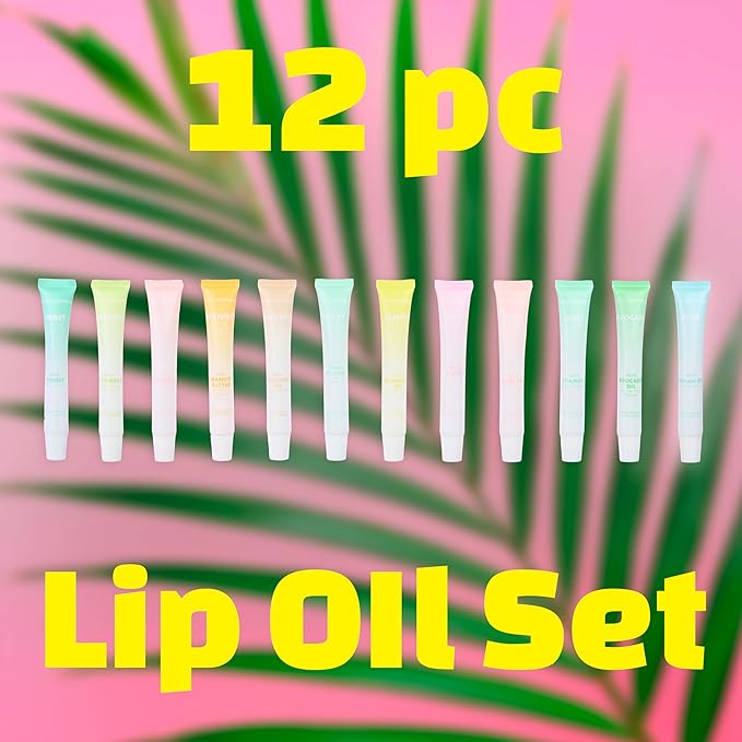 Expressions 12pc Lip Oil Set - Flavored Lip Oils Value Pack, Hydrating Lip Oils w/Squeeze Tube Application, Moisturizing Lip Oil Collection for Everyday Lip Care and Lip Repair (FRUITS)-Velvo Beauty