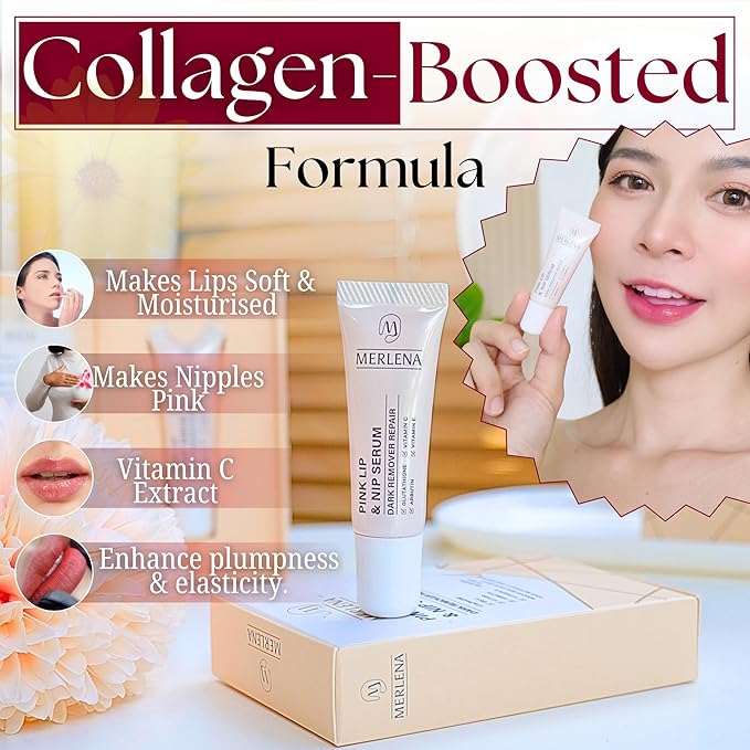 Merlena Pink Lip & Nip Serum - Hydrates and Repairs Dry, Peeling Lips and Nipples, Adds Collagen for Plumpness, Soothes Flaky Skin, Organic Vitamin C & E Formula 8ml-Velvo Beauty