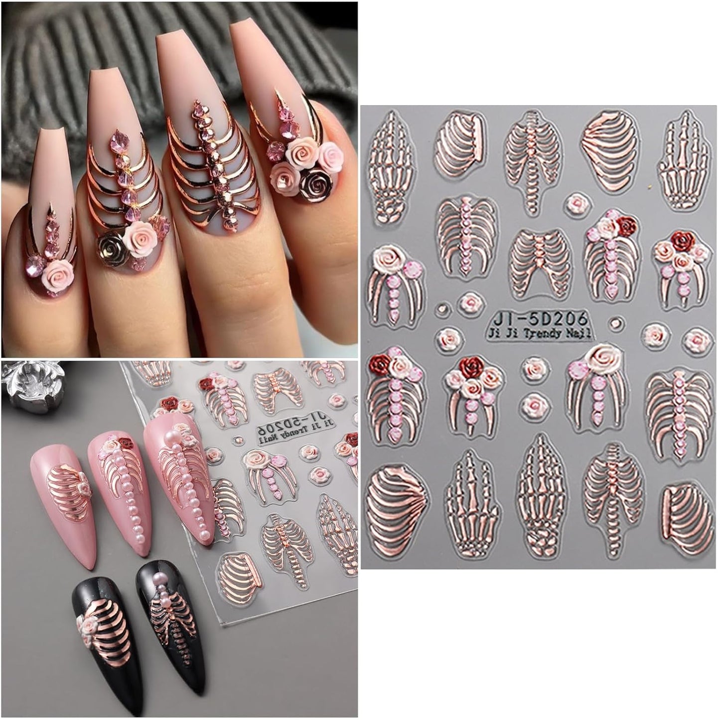 5 Sheets Halloween Nail Art Stickers Decals 5D Nail Decals Gold White Bone Pattern Sticker Self-Adhesive Skull Nails Supplies Accessories 3for Women Halloween Nails DIY Decoration-Velvo Beauty