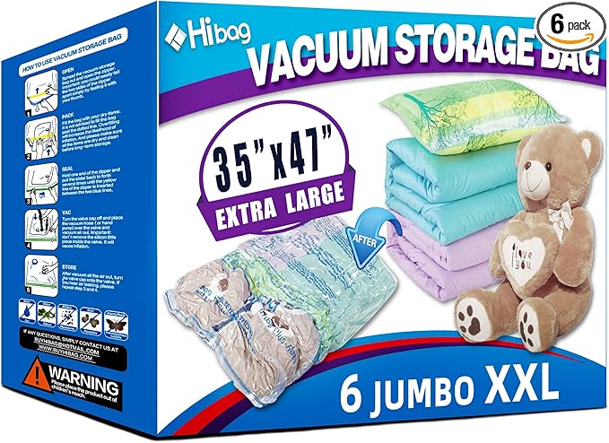 XXL Jumbo 47''X35'' Vacuum Storage Space Saver Bags Extra Large for Blanket, Bedding, Comforters and Huge Stuffed Toy (6 Pack)-Velvo Beauty