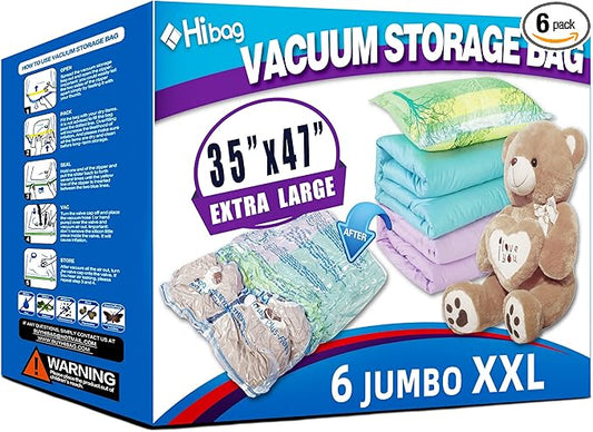 XXL Jumbo 47''X35'' Vacuum Storage Space Saver Bags Extra Large for Blanket, Bedding, Comforters and Huge Stuffed Toy (6 Pack)-Velvo Beauty