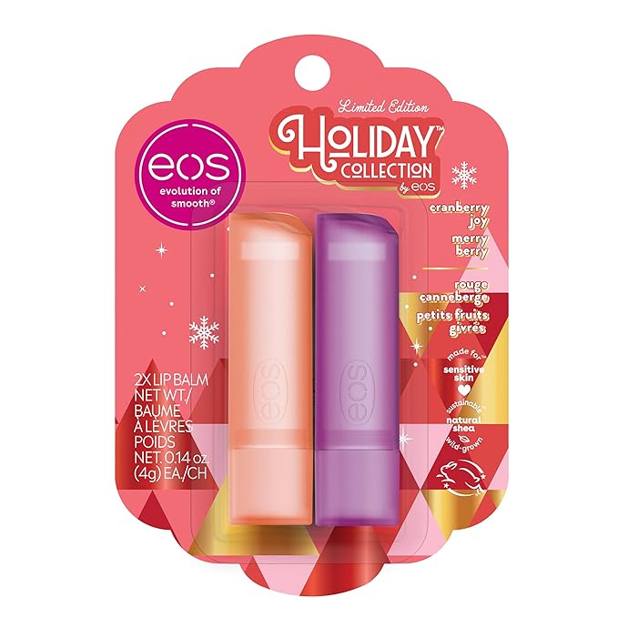 eos Holiday Lip Balm Gift- Cranberry Joy & Merry Berry, Stocking Stuffers, All-Day Moisture Lip Care, 0.14 oz, 2-Pack-Velvo Beauty