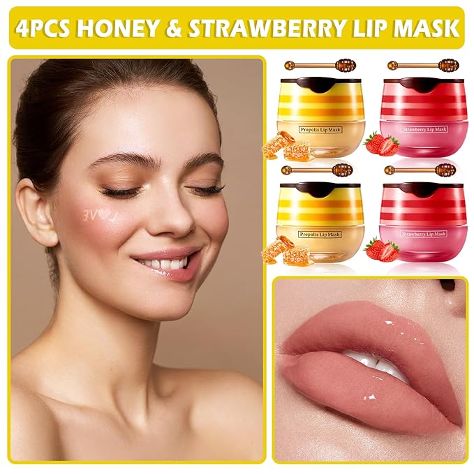 CAHIUYOA 4PCS Bee Lip Balm Honey Pot Honey & Strawberry Lip Balm Lip Mask Moisturizing Hydrating Honey Pot Lip Balm with Stick Prevention Dry & Cracked Lip Scrubs Exfoliator-Velvo Beauty