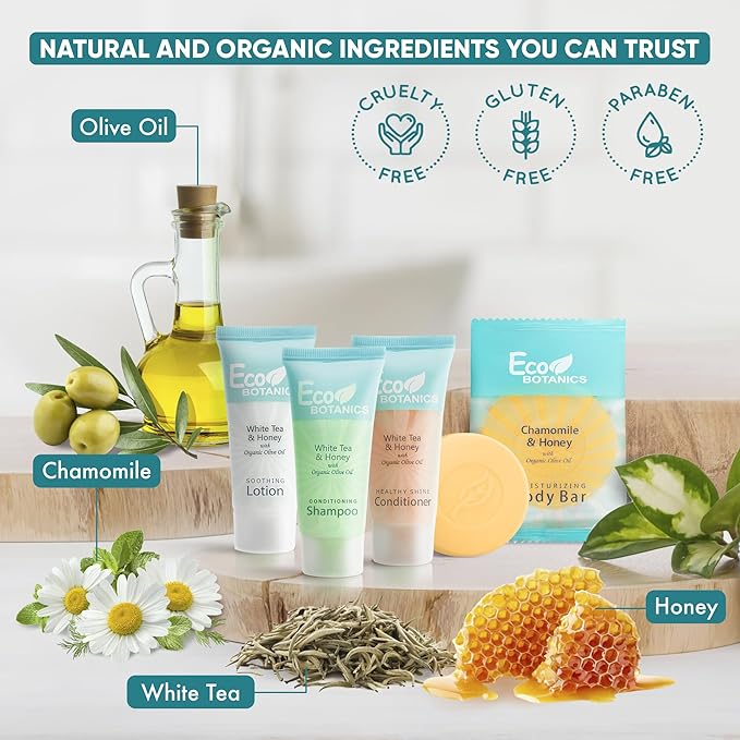 Eco Botanics Hotel Soaps and Toiletries Bulk Set | 1-Shoppe All-In-Kit Amenities for Hotels & Airbnb | 0.85 oz Hotel Shampoo, Conditioner & Lotion, 0.89 oz Bar Soap Travel Size | 200 Pieces-Velvo Beauty