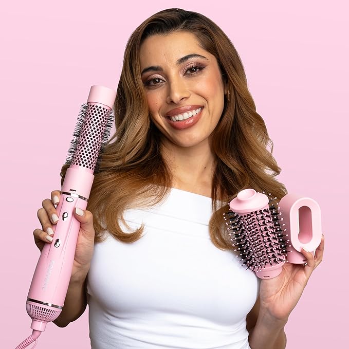 FoxyBae 3-in-1 Ceramic Interchangeable Hair Tools - Blowout Dryer - 3 Detachable Heads - 2.4" Blowout Brush, 1.5" Hot Round Brush & Drying Cylinder Hair Dryer Brush & Hair Styling Set [Party Pink]-Velvo Beauty