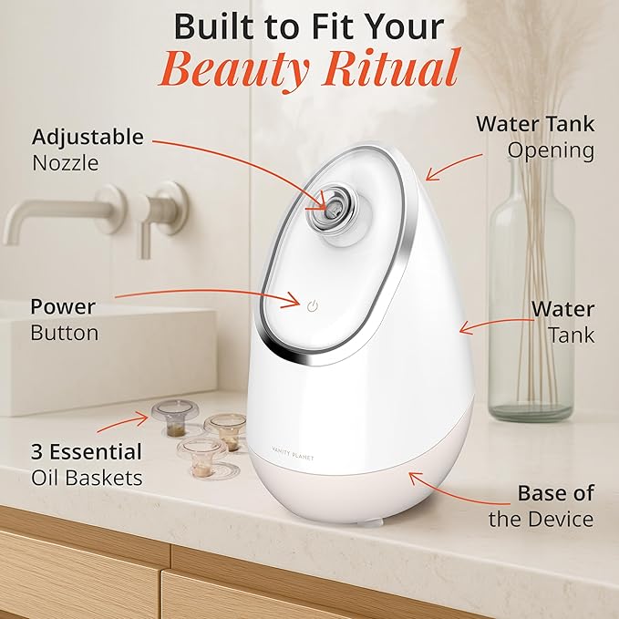 Vanity Planet Aira Ionic Facial Steamer (Beige) - Pore Cleaner That Detoxifies, Cleanses and Moisturizes - Adjustable Nozzle, Water Tank with 3 Essential Oil Baskets-Velvo Beauty