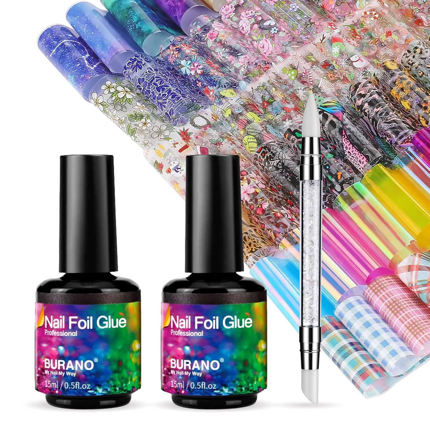 BURANO Nail Art Foil Glue Gel, 15ML 2 Bottles with 70PCS Foil Stickers Set Nail Foil Glue for Nails, Designer Nail Foils Nail Art Foil Transfer Gel-Velvo Beauty
