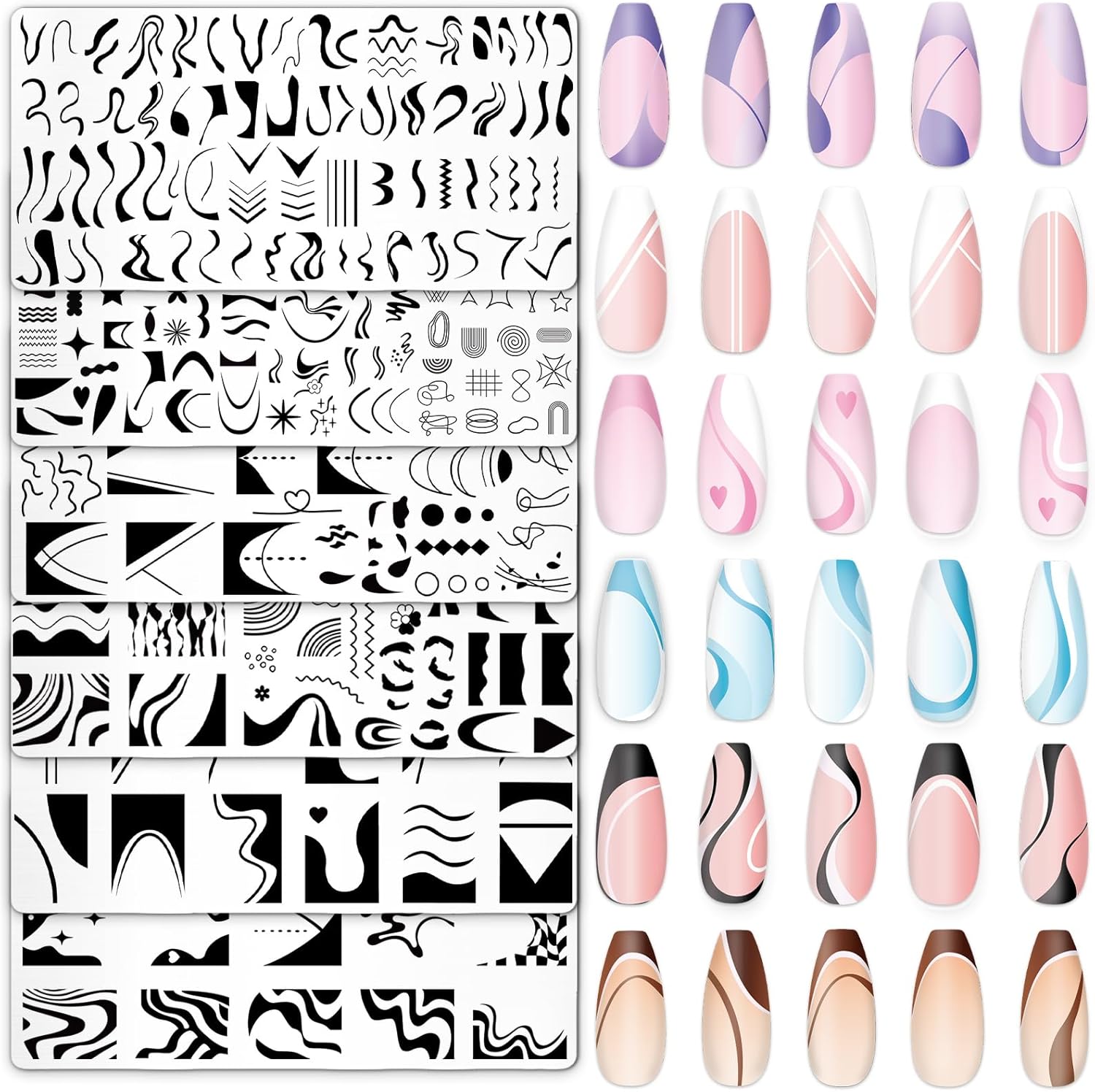 Whaline 6Pcs French Line Nail Plates Stamping Set Minimalism Wave Stripe Stamp Templates Nail Art Plates For DIY Print Manicure Salon Design-Velvo Beauty