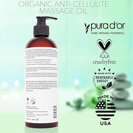PURA D'OR 16 Oz Organic Anti-Cellulite Massage Oil - Lemon Peel, Moringa, Grape Seed, Grapefruit & Eucalyptus Oils - Skin Firming & Tightening for Active Individuals & Aging Adults-Velvo Beauty
