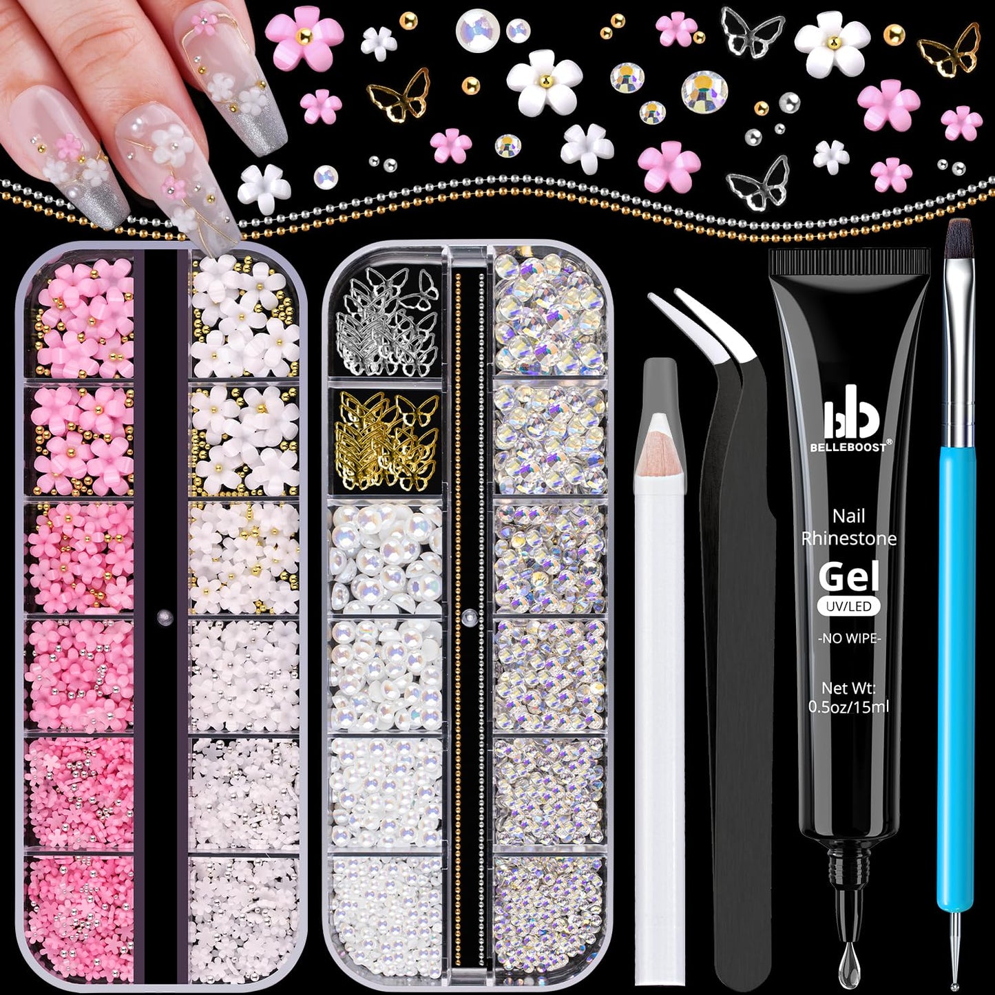3D Nail Charms, Manicure Kit with Nail Rhinestone Glue Gel (UV Curing), Butterfly White Pink Flower Starry AB Gems Caviar Beads Half Round Pearl & Flatback Glass AB + Clear Gems with Dotting Tools-Velvo Beauty