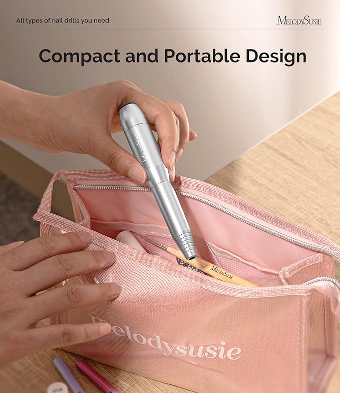 MelodySusie Portable Electric Nail Drill,PC120B Compact Efile Electrical Professional Nail File Kit for Acrylic, Gel Nails, Manicure Pedicure Polishing Shape Tools Design for Home Salon Use, Silver-Velvo Beauty