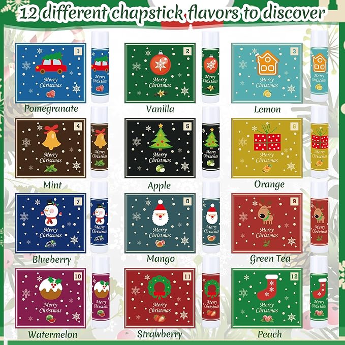 48 Pcs Christmas 12 Days Holiday Lip Balm Gift Set Lip Care Assorted Flavors Ingredients Lip Balm for Dry Chapped Lip Women Men Children Coworker 12 Assorted Flavors Christmas Party-Velvo Beauty
