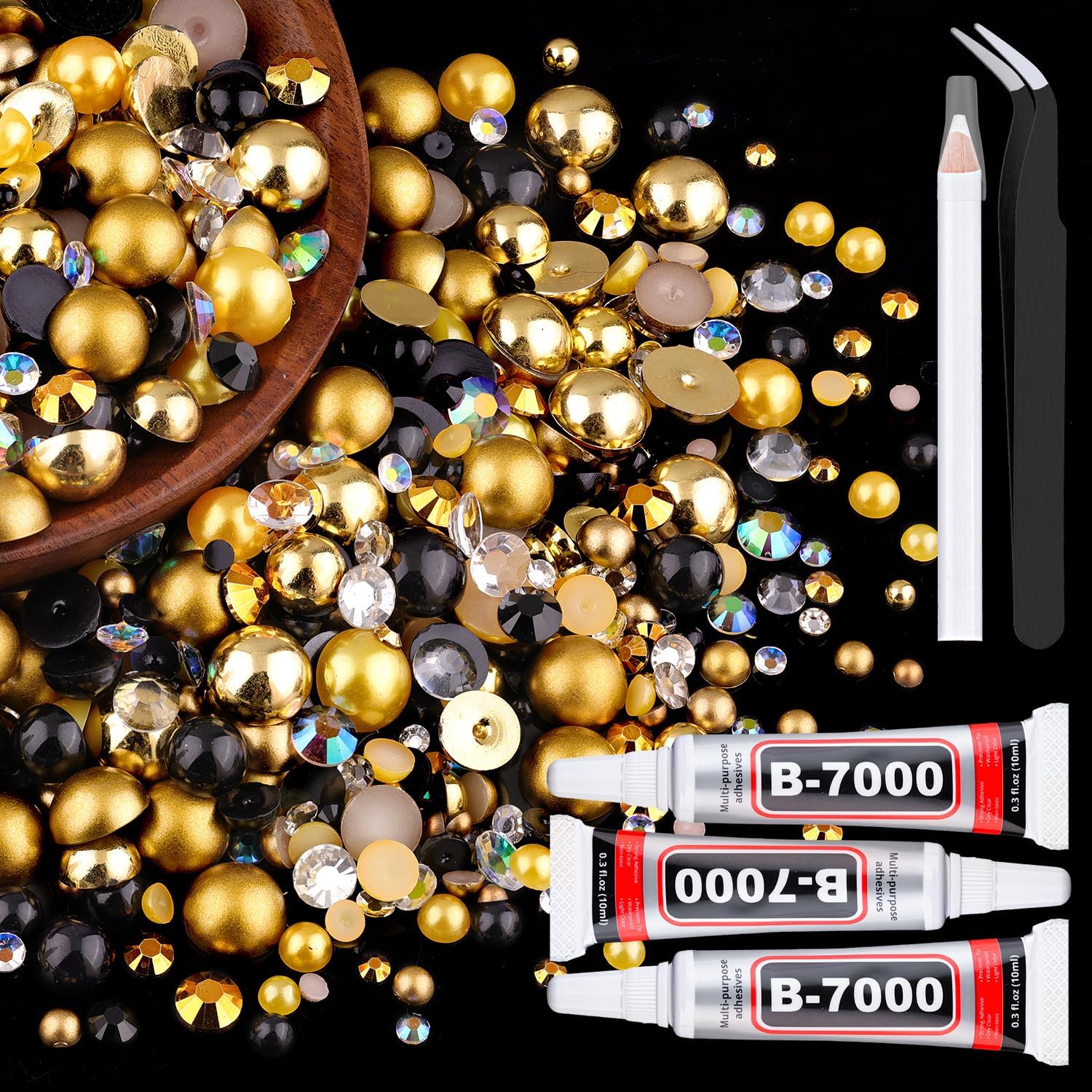 80g Flatback Pearls and Rhinestones for Crafting, Golden Black 3-10mm Resin Rhinestones and Half Pearls for Bedazzling, Nail Art and Dec with 3pcs 10ml B7000 Jewelry Glue, Tweezer and Pickup Pencil-Velvo Beauty