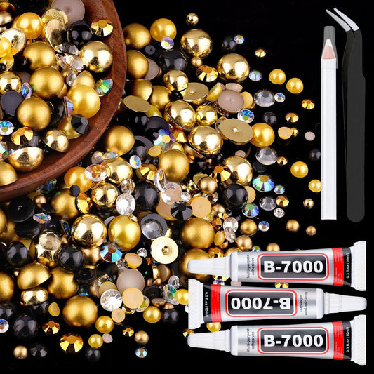 80g Flatback Pearls and Rhinestones for Crafting, Golden Black 3-10mm Resin Rhinestones and Half Pearls for Bedazzling, Nail Art and Dec with 3pcs 10ml B7000 Jewelry Glue, Tweezer and Pickup Pencil-Velvo Beauty
