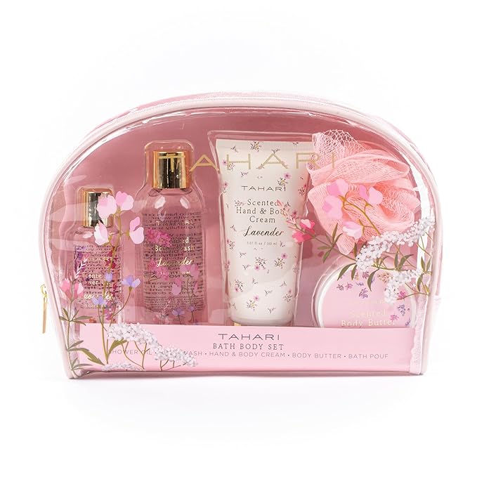 Tahari Spa Gift Set for Women, Lavender Spa Set, Bath Kit for Women Gift Set Includes Scented Body Wash, Body Lotion, Body Butter & Pouf, Lotion Gift Set for Women, Birthday Gifts For Women - (Floral)-Velvo Beauty