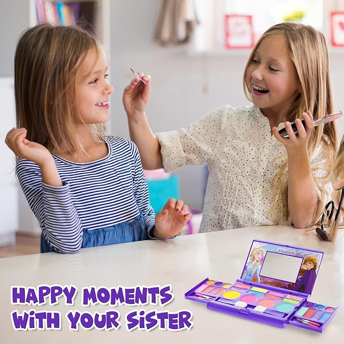 Disney Frozen Elsa Anna Cosmetic Compact Set with Mirror 22 lip glosses, 4 Body Shines, 6 Brushes Colorful Portable Foldable Washable Makeup Beauty Kit Box Set for Girls Kids Toddler-Velvo Beauty