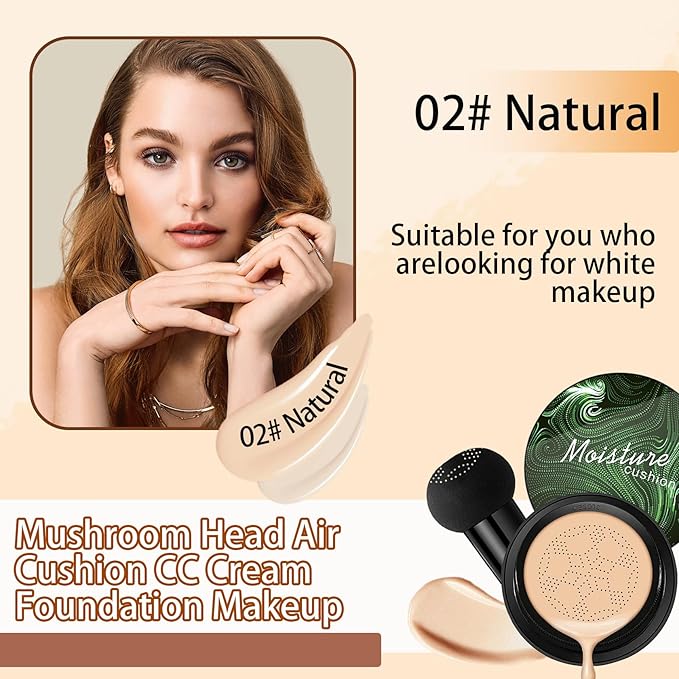 Mushroom Head Air Cushion CC Cream Foundation Makeup,Moisturizing Non-Greasy BB Cream Foundation,Long Lasting Matte Concealer Full Coverage Face Makeup Liquid Foundation for All Skin Types(Natural)-Velvo Beauty